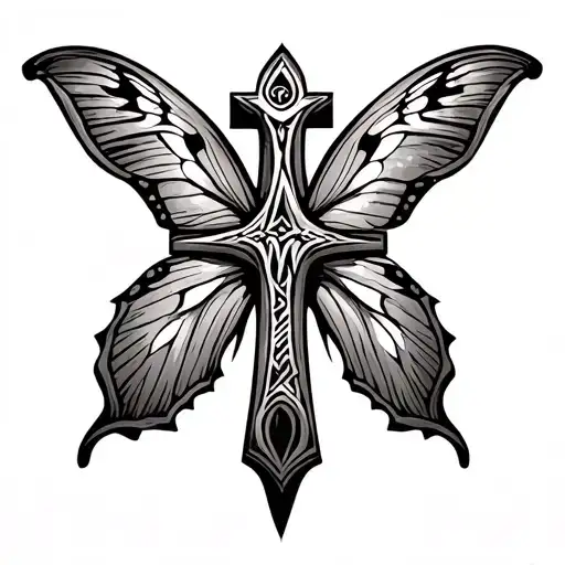 Ankh and wooden cross, moth and butterfly within tribal crusaders cross tattoo design idea