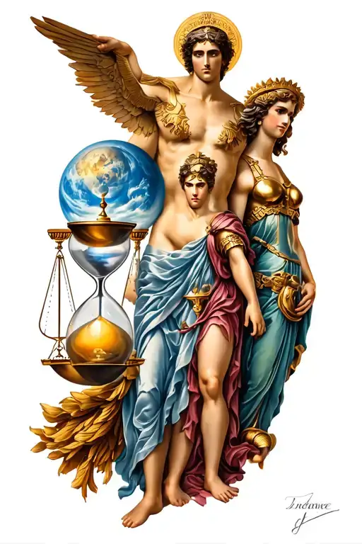 Greek mythology leg sleeve: Atlas with sphere, Themis with scales, Athena in armor, Chronos with hourglass, Hermes with  tattoo design idea