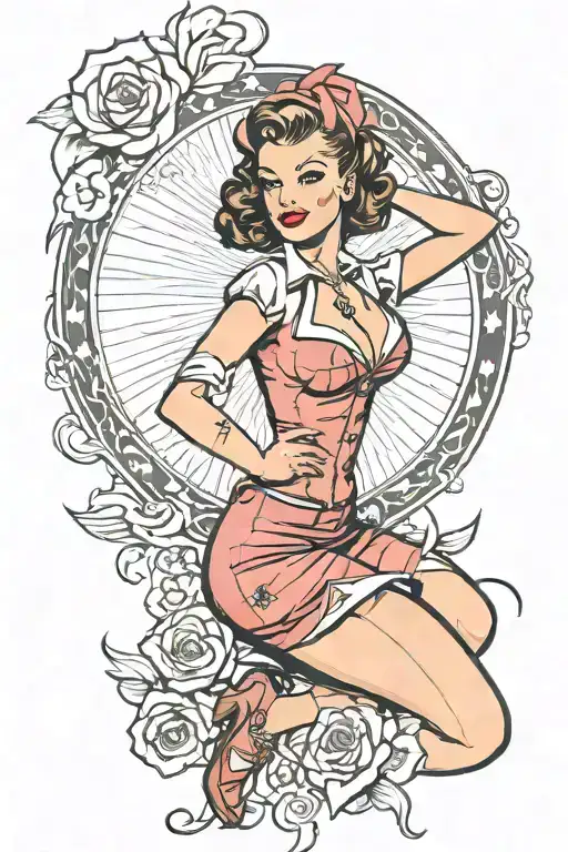 Consider a pin-up girl with a vintage flair, exuding a similar charm and elegance. Ensure her pose is playful yet confi tattoo design idea