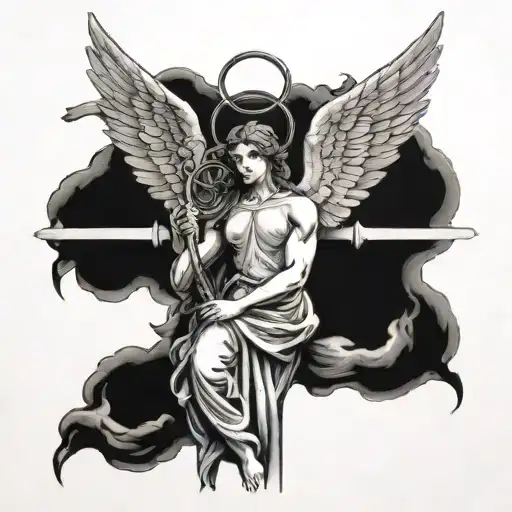 angel holding cross tattoo design idea