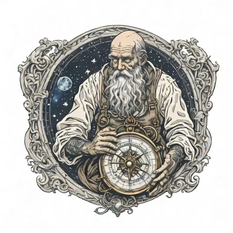 Father Time with tattoos, crying, holding a nautical compass, starry night background  tattoo design idea