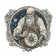 Father Time with tattoos, crying, holding a nautical compass, starry night background  tattoo design idea
