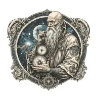 Father Time with tattoos, crying, holding a nautical compass, starry night background  tattoo design idea