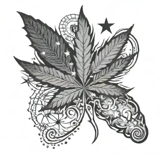 Marijuana leaf morphing into a galaxy with Louisville and Atlanta landmarks inside tattoo design idea