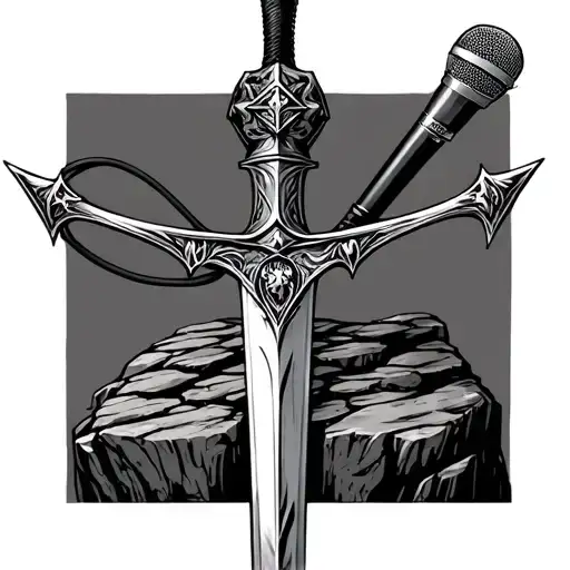 A excalibur sword incrusted in the stone, over the stone a microphone shure beta 58a with a wire, over the wire C.A.R.A tattoo design idea
