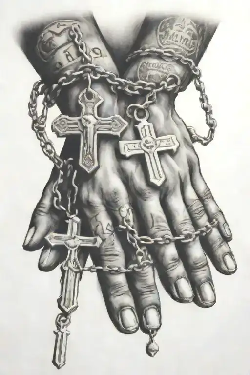 Praying hands holding rosary with 2 dog tags one that says W.I.M and another that says Buddy tattoo design idea