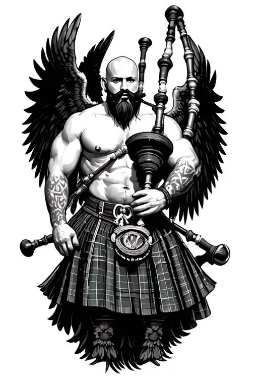 legless shirtless muscular bagpiper bald black beard playing bagpipes huge black wings tattoo design idea