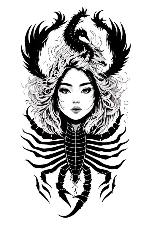 sillouette of a woman’s face serene and powerful. A scorpion shaping her chest reincarnate phoenix and dragon chinese tattoo design idea