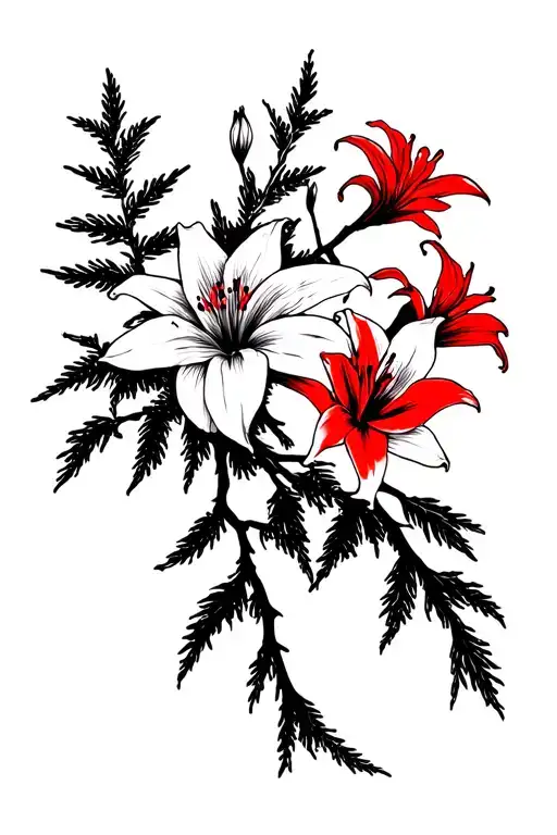 Red spider lily and a cypress tree branch, symbolising and embracing death. tattoo design idea
