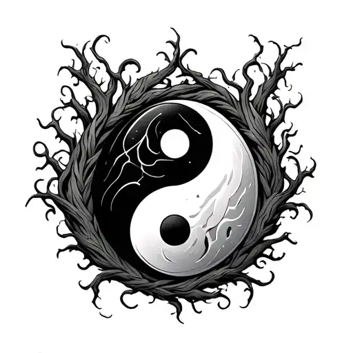 ying and yang symbol with thick vines around and over it tattoo design idea