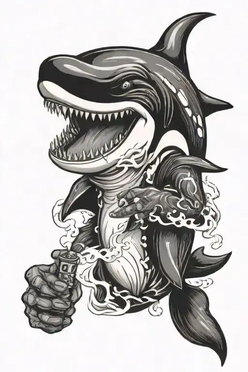 Killer Whale evil character sharp tooth smoking a cigarette tattoo design idea