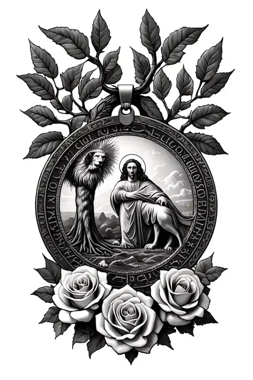 Large St. Benedict Medal, Tree Of Life, St. Michael, defeated Lion, Castilian Roses on the ground. tattoo design idea