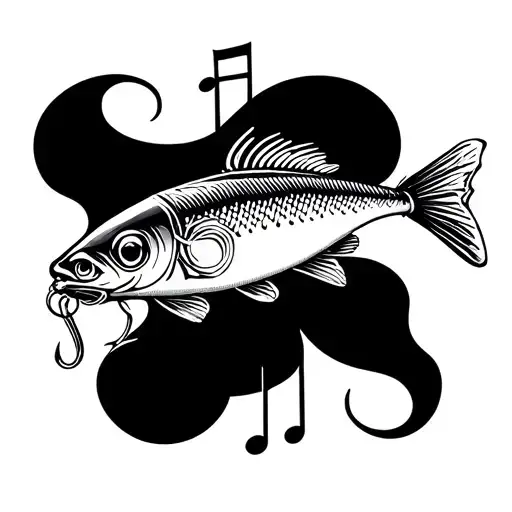 A detailed blackwork tattoo of a fishing lure intertwined with musical notes tattoo design idea