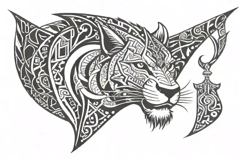 polynesian style with lion wearing manta ray crown with two hammer head shark below tattoo design idea