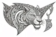 polynesian style with lion wearing manta ray crown with two hammer head shark below tattoo design idea