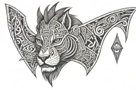 polynesian style with lion wearing manta ray crown with two hammer head shark below tattoo design idea