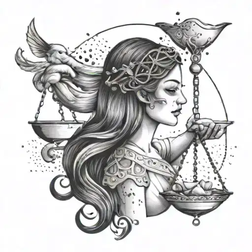 libra scale and constellation intertwined goddess holding tattoo design idea
