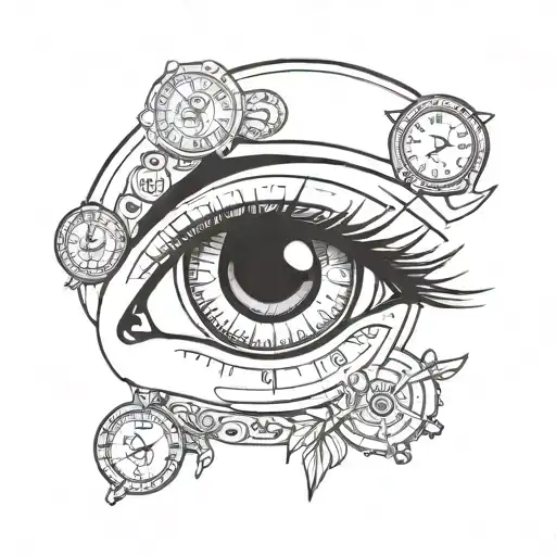 human eye covered with a time clock and with dates underneath tattoo design idea