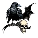 A dark blackwork tattoo of a raven perched on a skull with bat wings in the style of Avenged Sevenfold logo — hyper deta tattoo design idea