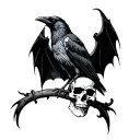 A dark blackwork tattoo of a raven perched on a skull with bat wings in the style of Avenged Sevenfold logo — hyper deta tattoo design idea
