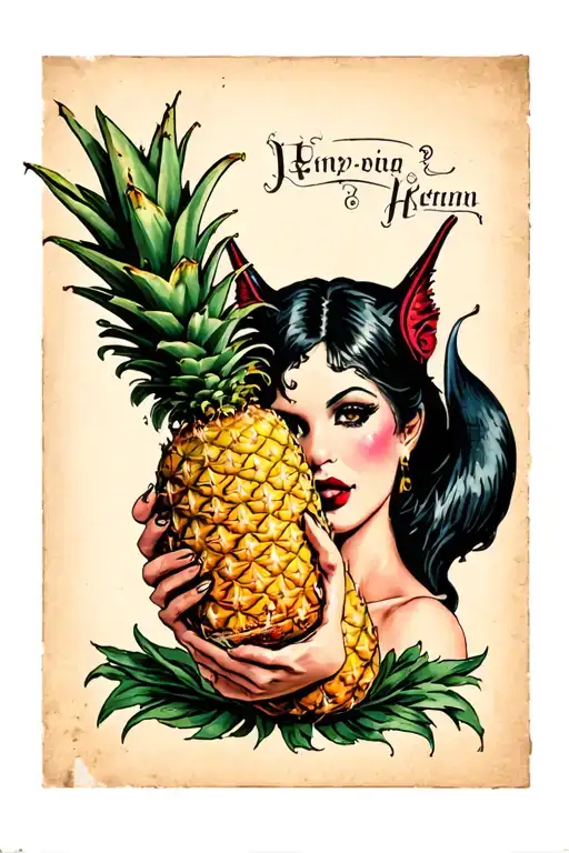 succubus holding drink made out of an upside down pineapple tattoo design idea