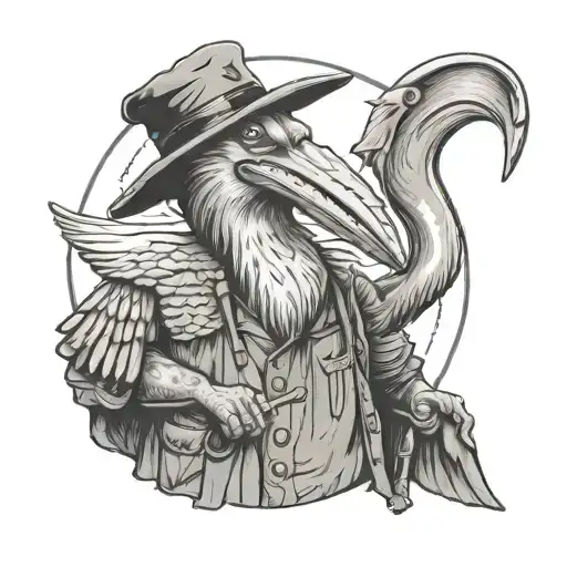 portrait of an anthropomorphic pelican as a fisherman with hat and a raincoat  tattoo design idea