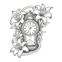 lilies surrounding a sand clock with a clock in the back of the sand clock in the corner stopping on 11:59pm  tattoo design idea