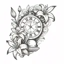 lilies surrounding a sand clock with a clock in the back of the sand clock in the corner stopping on 11:59pm  tattoo design idea