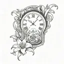 lilies surrounding a sand clock with a clock in the back of the sand clock in the corner stopping on 11:59pm  tattoo design idea