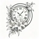 lilies surrounding a sand clock with a clock in the back of the sand clock in the corner stopping on 11:59pm  tattoo design idea