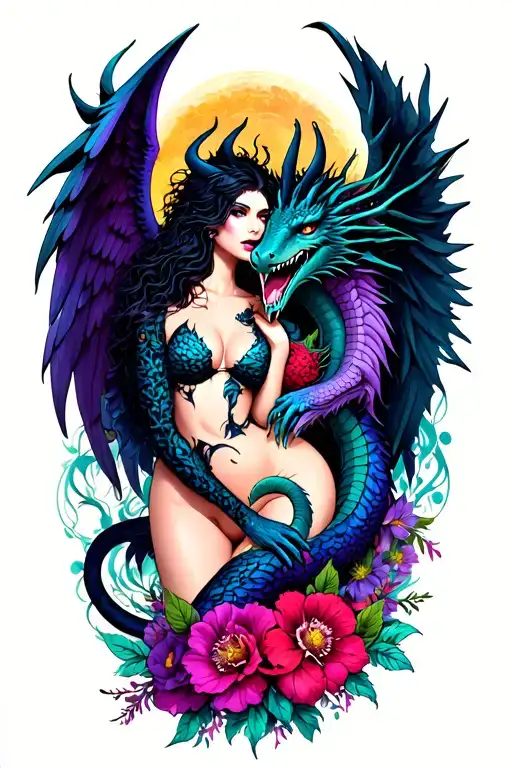 sexy demon and angel with dragon intertwined blacks purples teals reds neon with flowers full coverage  tattoo design idea