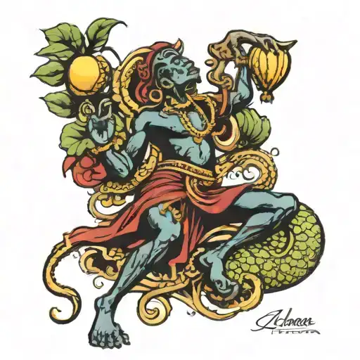 The figure in the iconic pose of the painting 'Abaporu', The figure must be holding a cashew (cashew fruit) in one hand tattoo design idea