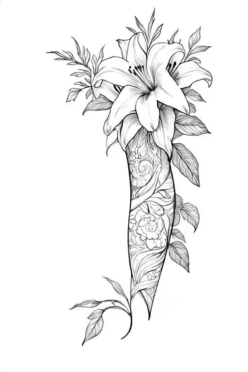 floral tatoo that wraps around my leg with lily's and rimu leaves tattoo design idea