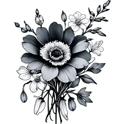 Line tattoo simple bouquet of a anemone, hyssop blooms, olive branch, snow drops, narcissus and sweet pea tattoo design idea
