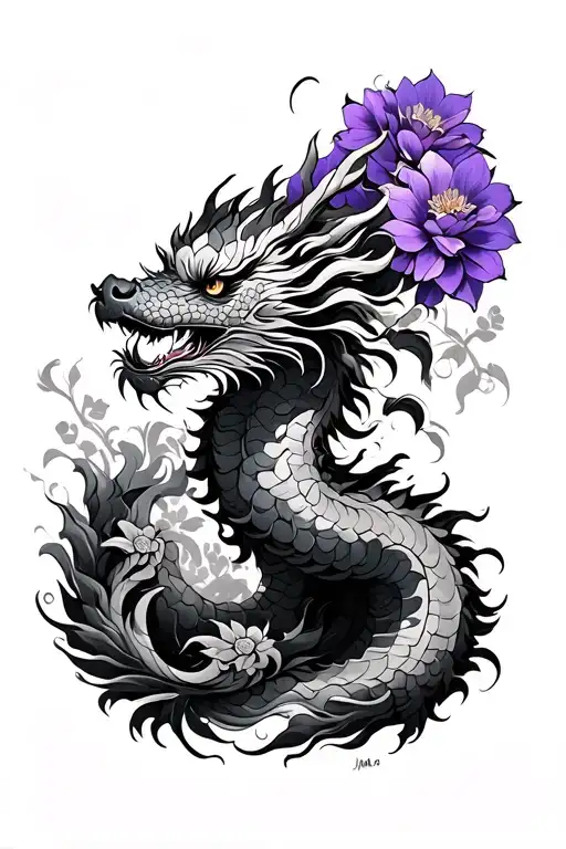 korean dragon surrounding violet flowers tattoo design idea