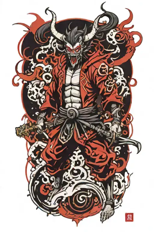 anime character full body wearing a oni mask fighting off inner demons with minimal black areas and no background filler tattoo design idea
