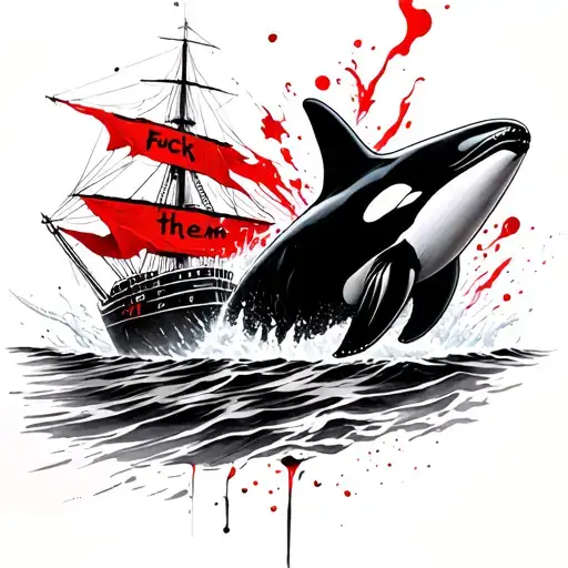 Can you draw a tattoo of an orca destroying a man o war in the style of sailor Jerry with the words fuck them boats  tattoo design idea