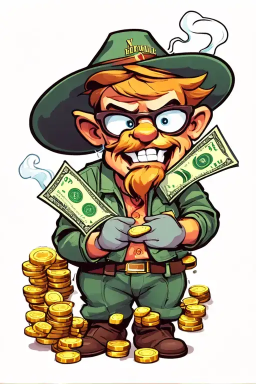 Gambling cartoon character holding a lot of cash smoking dope tattoo design idea