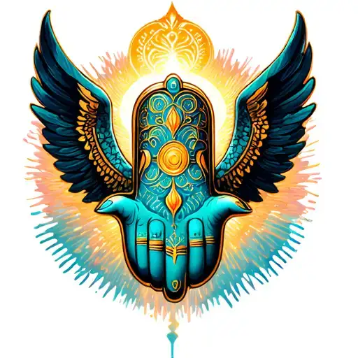 Hamsa hand with wings spread wide tattoo design idea