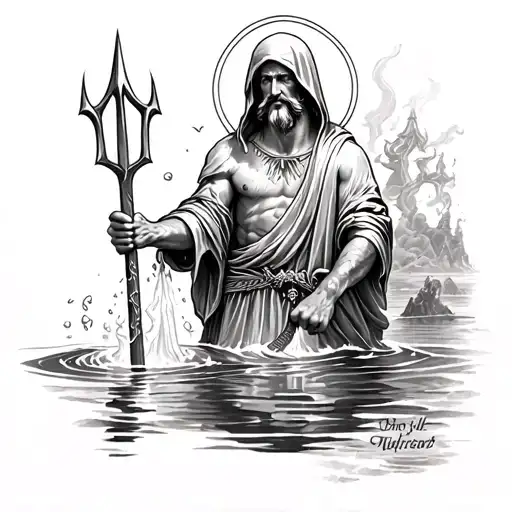 faceless hooded saint Christopher full body holding water trident  tattoo design idea