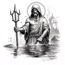 faceless hooded saint Christopher full body holding water trident  tattoo design idea