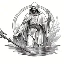 faceless hooded saint Christopher full body holding water trident  tattoo design idea