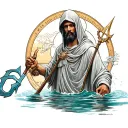 faceless hooded saint Christopher full body holding water trident  tattoo design idea