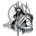 faceless hooded saint Christopher full body holding water trident  tattoo design idea