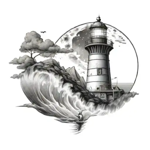 realistic lighthouse moonlight  tattoo design idea