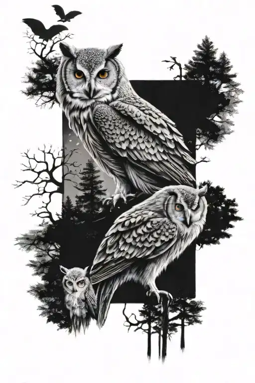 owl and wolf at night in the forest and two bible verses tattoo design idea