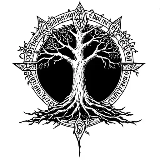tree of Gondor mixed with Elden ring erdtree symbol and elvish writing from the book in Tolkien style around border tattoo design idea