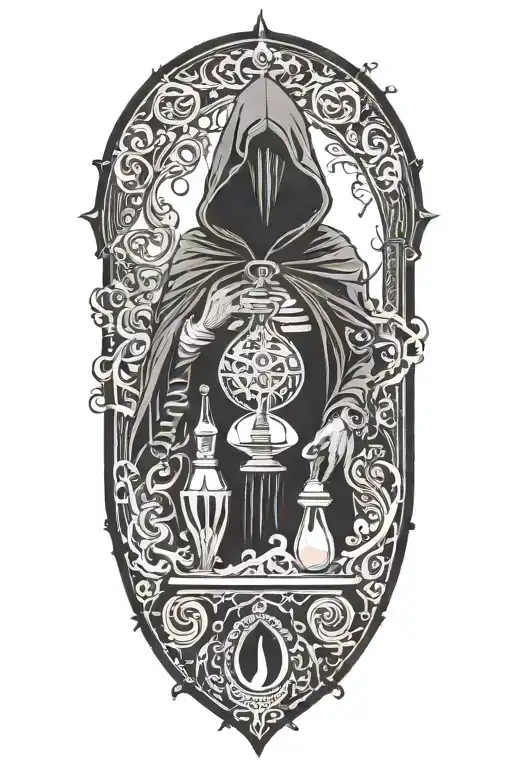 Dark labyrinth, twisted and dark, hooded figure, hour glass with sand flowing upwards tattoo design idea