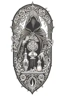 Dark labyrinth, twisted and dark, hooded figure, hour glass with sand flowing upwards tattoo design idea