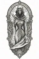 Dark labyrinth, twisted and dark, hooded figure, hour glass with sand flowing upwards tattoo design idea